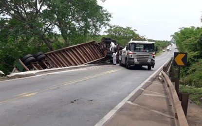 Carreta tomba perto de colmeia de abelhas e bombeiros são acionados, na zona rural de Prata