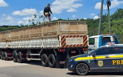 PRF apreende bitrem com madeira irregular, em Sabará (MG)