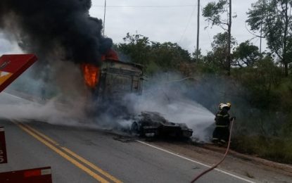 Bombeiros combatem incêndio em caminhão na BR 265